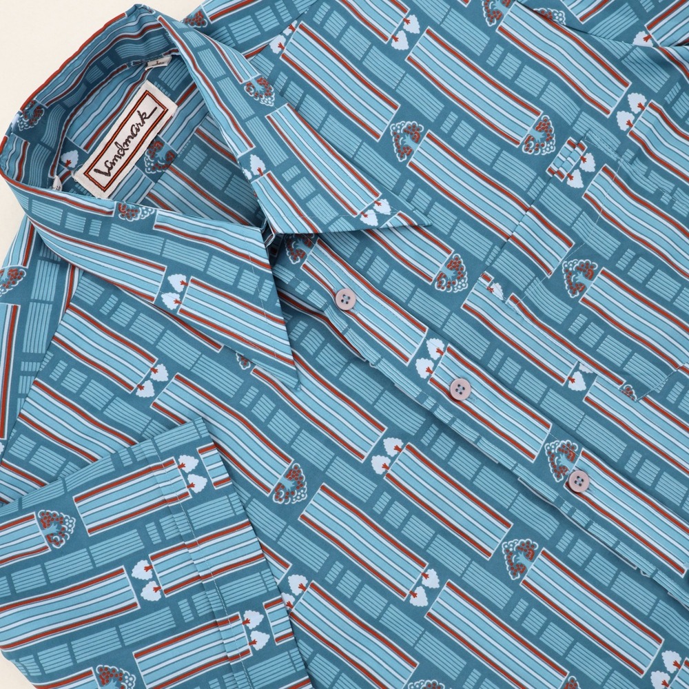 Landmark Vintage 70s Geometric Print Shirt Mens Lg Blue Short Sleeve Excellent